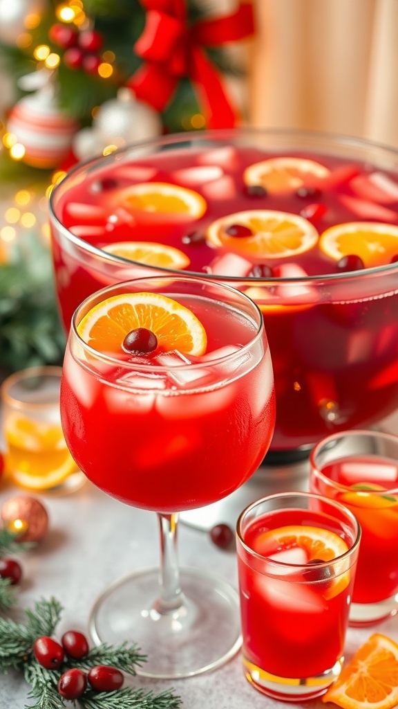 A punch bowl of Jingle Juice cocktail with orange slices and cranberries, surrounded by holiday decorations.